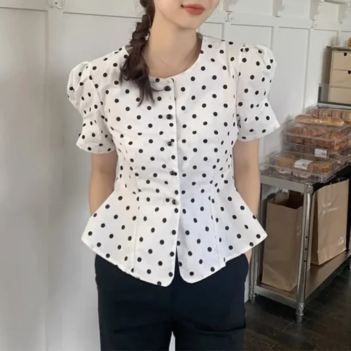 Elegant Polka Dot Summer Blouse with Puff Sleeves - Image 5