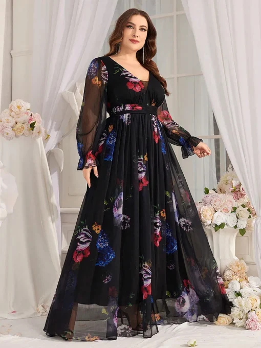 Elegant V-Neck Floral Print Mesh Flare Sleeve Maxi Dress - Image 3