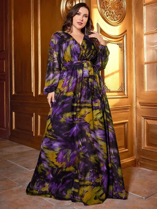 Elegant Plus Size V-Neck Printed Lantern Sleeve Maxi Dress - Image 2