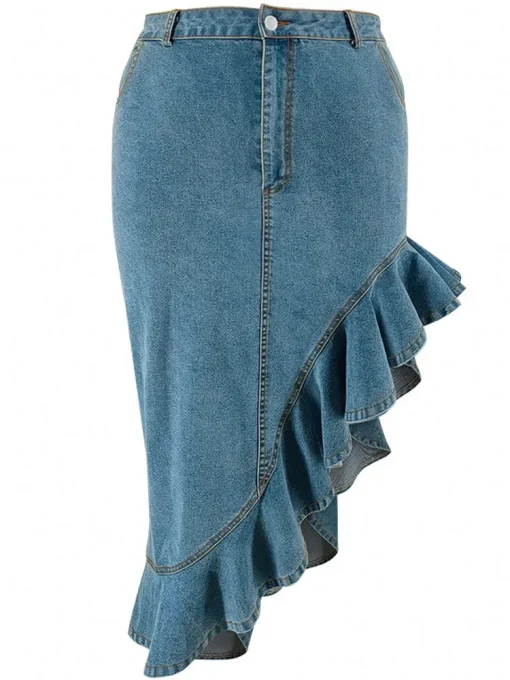 Plus Size Denim Midi Skirt with Front Slit - Image 4