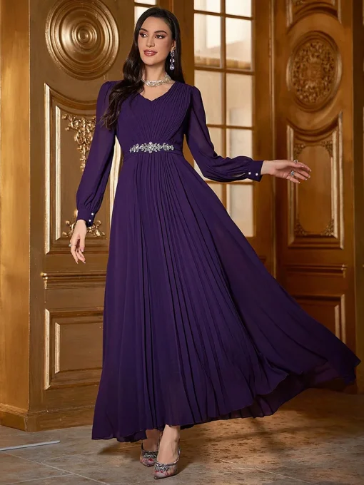 Elegant V-Neck Pleated Swing Dress with Rhinestone Embellishment - Image 4