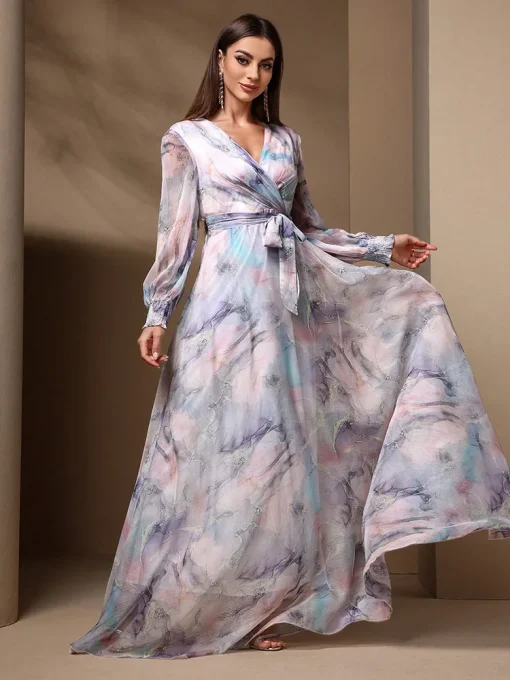 Elegant Floral Wrap V-Neck Long Sleeve Summer Dress - Image 4