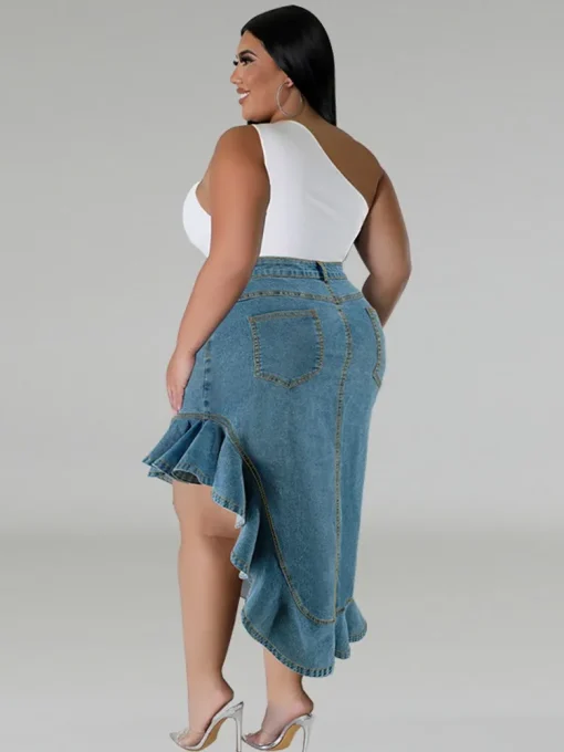 Plus Size Denim Midi Skirt with Front Slit - Image 2