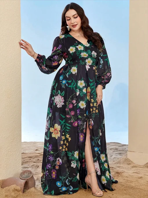 Plus-Size Women Maxi Print Chiffon A-Line Bridesmaid Dress - Image 6