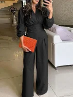 Plus Size Fashionable Autumn V Neck Wide Leg Romper