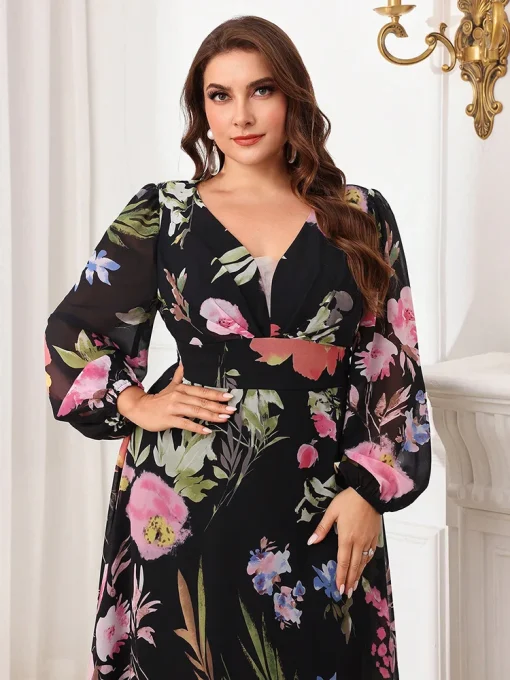 Plus Size Floral Printed V-Neck Long Sleeve Maxi Dress - Image 3