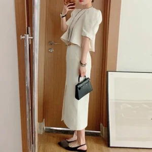 Elegant Office Dress Set with Puff Sleeve Top