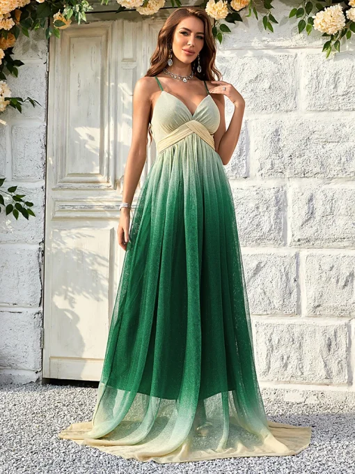 Women's Floor-Length Mesh Sling Evening Gown Party Dress