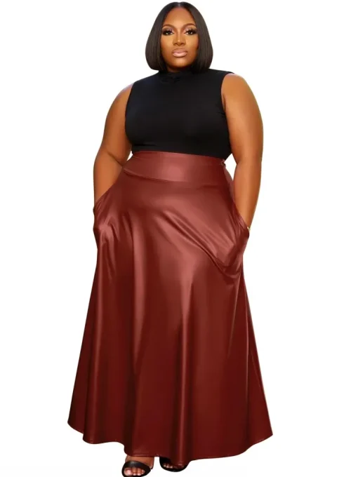 Plus Size High Rise PU Leather Maxi Skirt for Women - Image 5