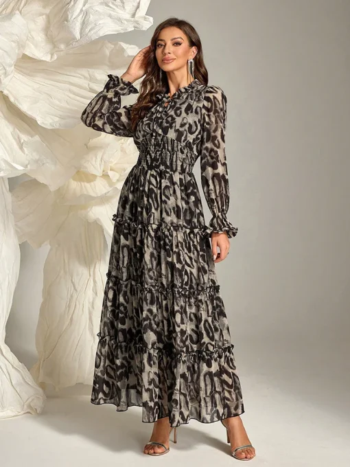 Leopard Print Ruffled Collar Long Sleeve Maxi Dress - Image 4