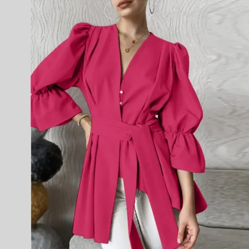 Elegant V-Neck Belted Flare Sleeve Autumn Blouses - Image 3