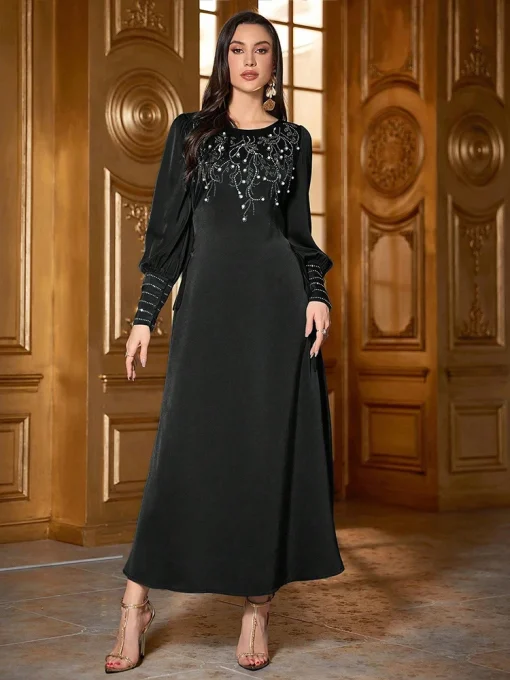 Women's Ankle-Length Slim Black Beaded Lantern Sleeve Dress