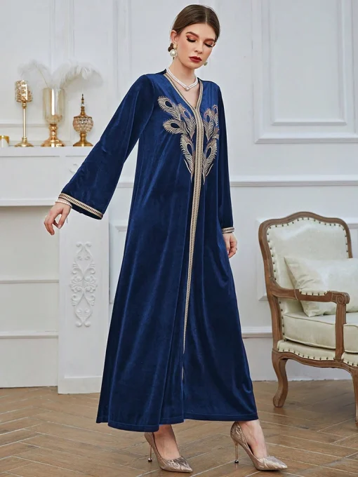 Gorgeous Navy Blue Ankle-Length Embroidered Muslim Evening Gown - Image 4