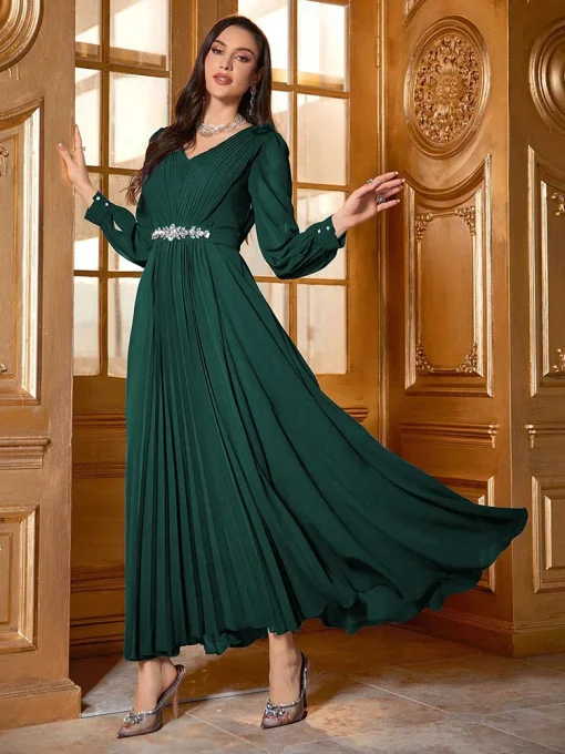 Elegant Rhinestone Embellished Long Sleeve Pleated Swing Dress - Image 4