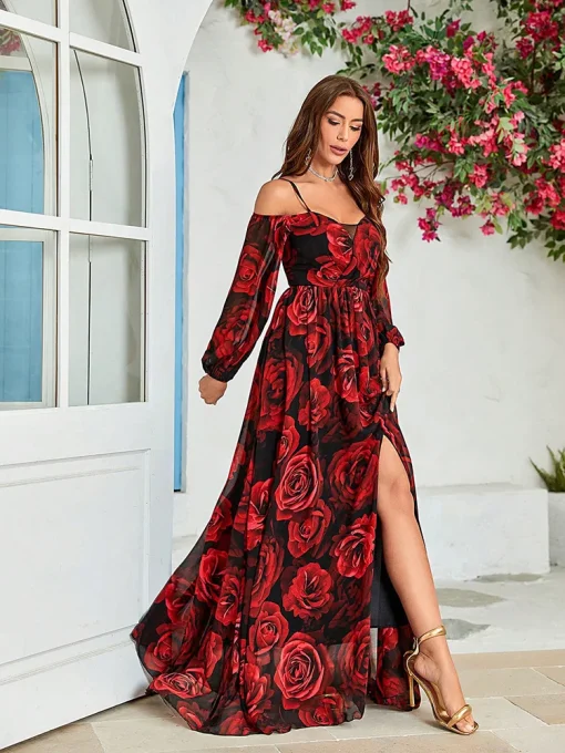 Bohemian Floral Cold Shoulder Maxi Dress with Split Thigh - Image 4