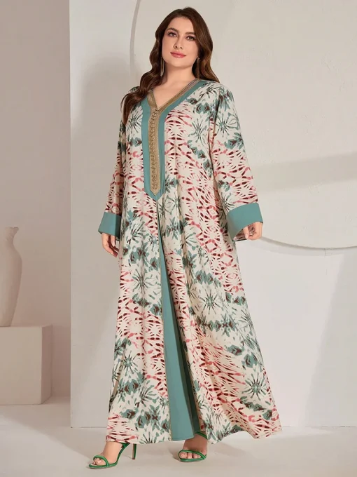 Plus Size A-Line Abaya Tie-Dye Patchwork Long Dress - Image 2