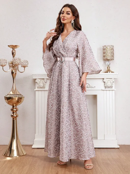 Elegant Arabian Print Flare Sleeve Belted Wrap Party Dress - Image 2