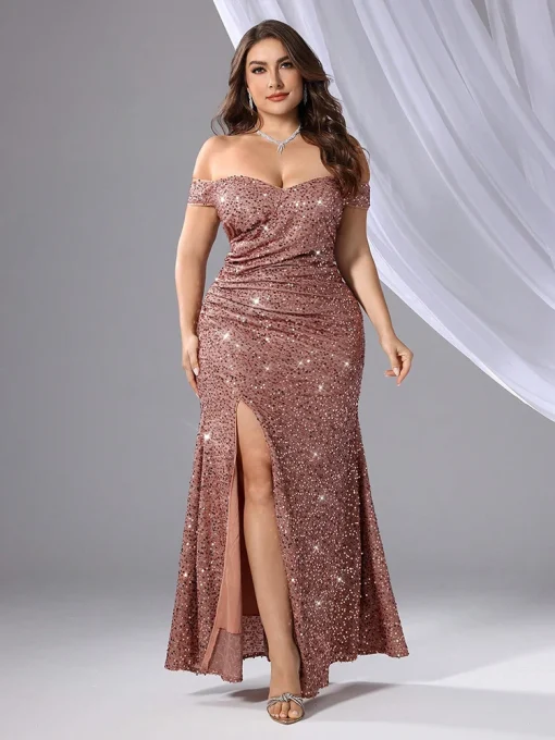 Plus Size Glittering Open Shoulder High Slit Sequin Gown - Image 5