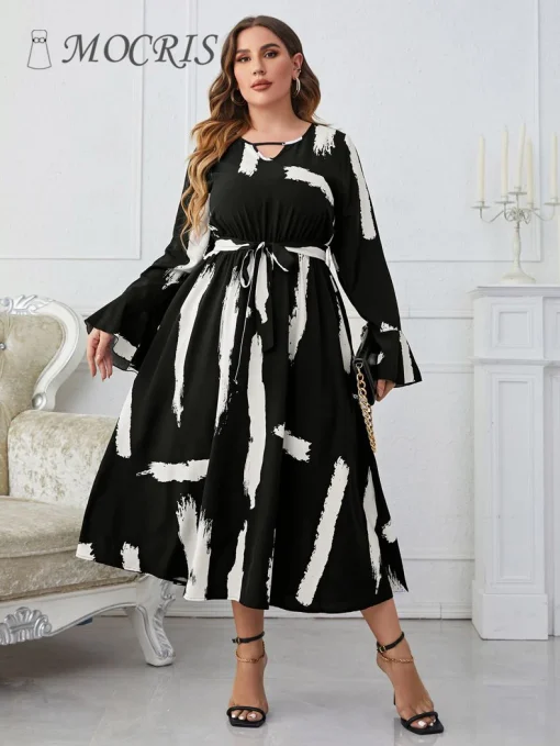 Elegant Plus Size Striped V-Neck Long Sleeve Summer Dress - Image 3