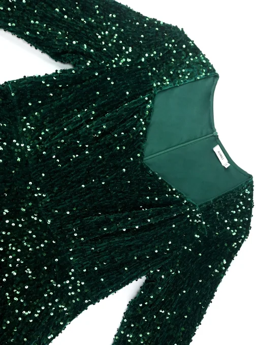 Green Glitter Velvet Long Sleeve Mesh Flower Evening Dress - Image 4