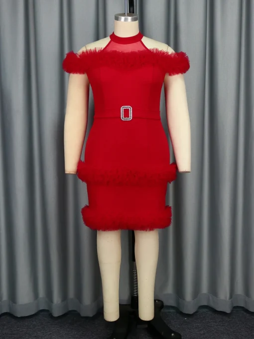 Red Mini Club Dress with Cold Shoulder Mesh Design - Image 2