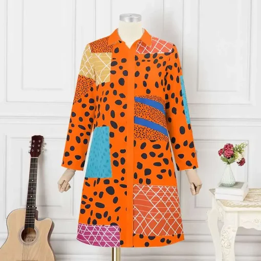 Leopard Print Bohemian Shirt Dress with Buttons for Women