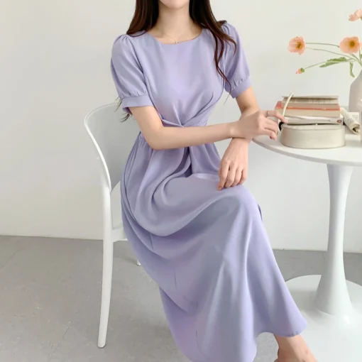 Women’s Pleated Solid Color Belted Summer Midi Dress - Image 5