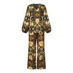 Women’s Printed V-Neck Pant Set with Long Sleeve Top