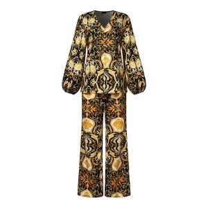 Women’s Printed V-Neck Pant Set with Long Sleeve Top