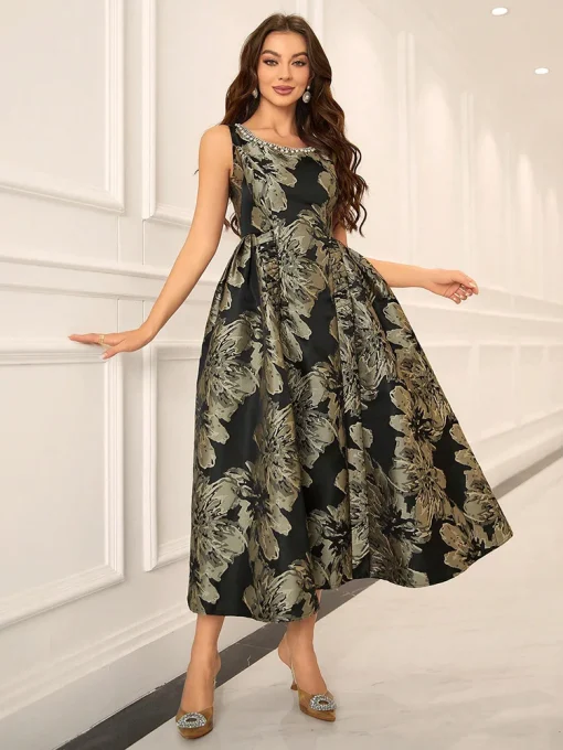 Luxury Elegant Print Sleeveless Cocktail Dress with Pearl Decorations - Image 3