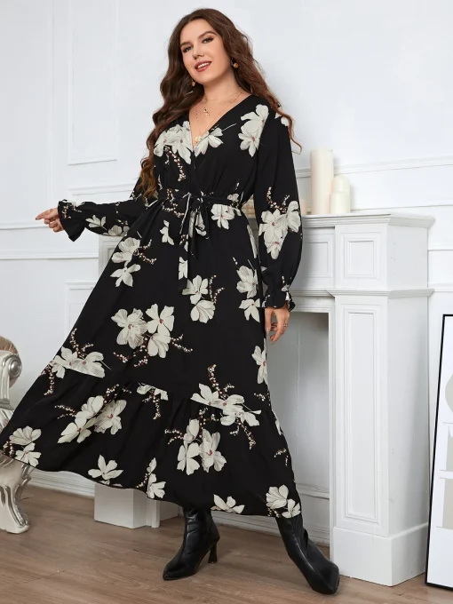 Elegant Plus Size V-Neck Linen Flower Party Dress - Image 5