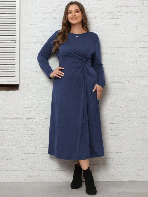 Elegant Plus Size Blue Long Sleeve Casual Formal Dress - Image 5