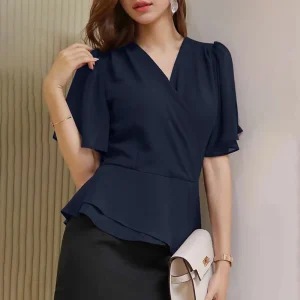 Women’s Elegant V-Neck Ruffle Short Sleeve Blouse