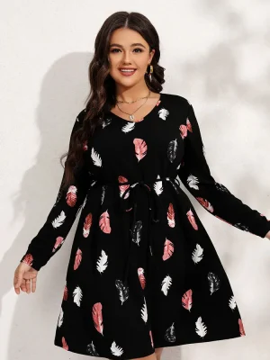 Plus Size Long Sleeve Black Feather Pattern Summer Dress