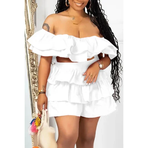 Plus Size Green Off-Shoulder Ruffled Two-Piece Shorts Set - Image 3