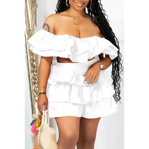 Plus Size Green Off-Shoulder Ruffled Two-Piece Shorts Set - Image 6