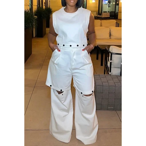 Plus Size White Round Neck Detachable Pant Set with Pockets - Image 2