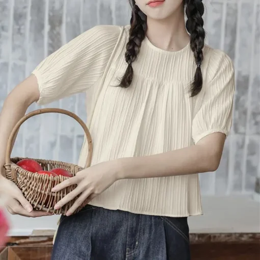 Elegant Summer Short Puff Sleeve O-Neck Blouse - Image 6