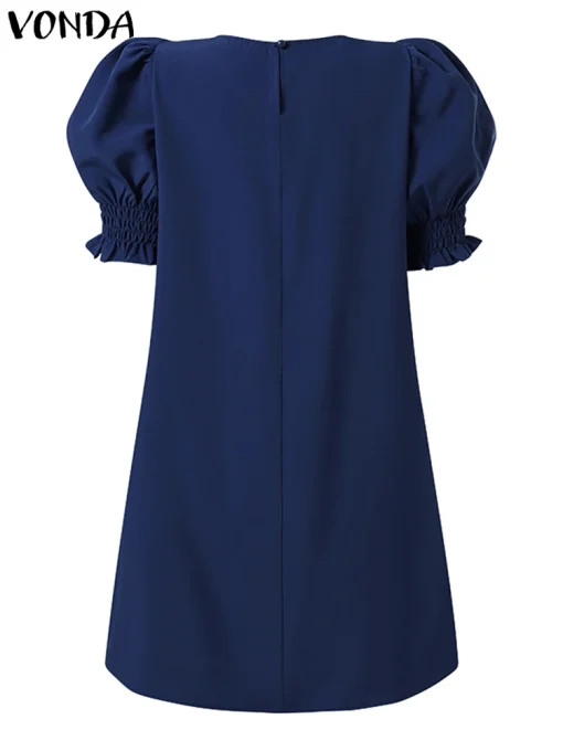 Women's Elegant Solid Color Puff Sleeve Summer Dress - Image 3