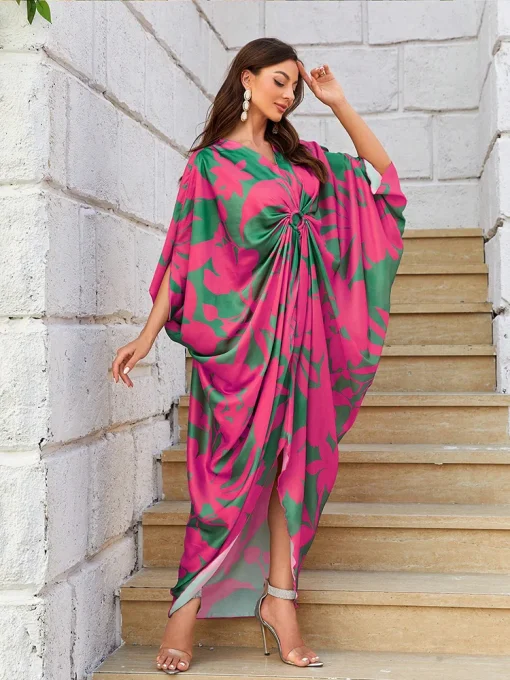 Summer Casual Elegant Arabian Floral Print Batwing Sleeve Dress - Image 3