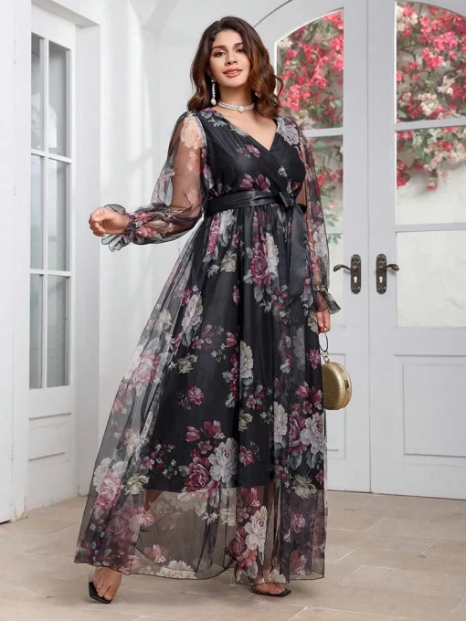 Plus Size Floral Print V-Neck Long Sleeve Maxi Dress - Image 4