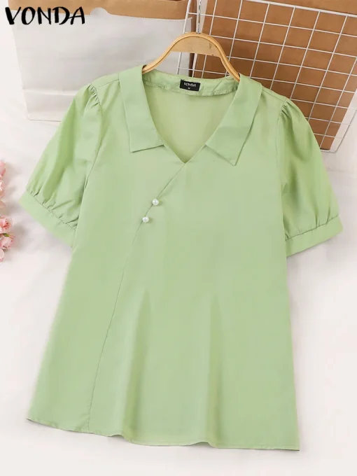 Women's Summer Puff Sleeve Casual Tunic Blouse - Image 2