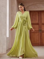 Luxury Elegant Solid Color 3D Floral Lantern Sleeve Maxi Dress