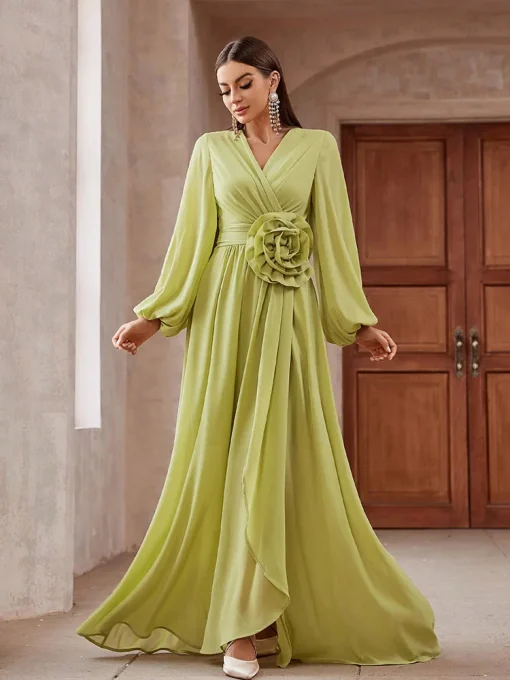 Luxury Elegant Solid Color 3D Floral Lantern Sleeve Maxi Dress