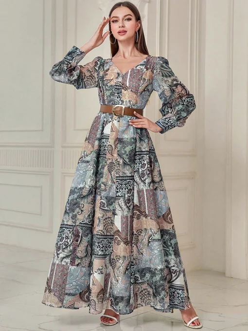 Casual V-Neck Long Sleeve Floral Print Boho Maxi Dress - Image 3