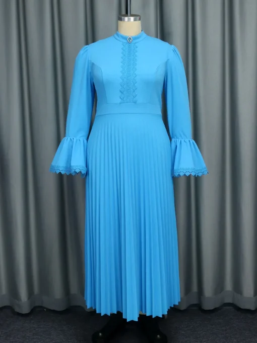 Elegant Blue Maxi Dress with Flare Sleeves for Women - Image 2