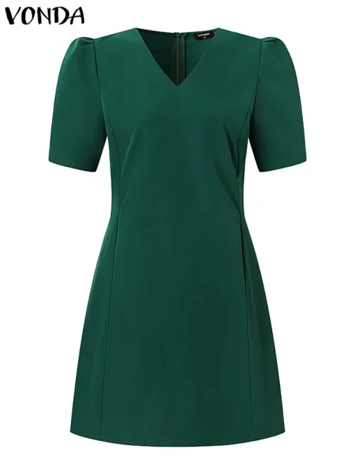 Summer Mini Dress with Puff Sleeves and V-Neck - Image 4