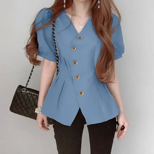 Elegant Summer Peplum Blouse with Puff Sleeves - Image 5