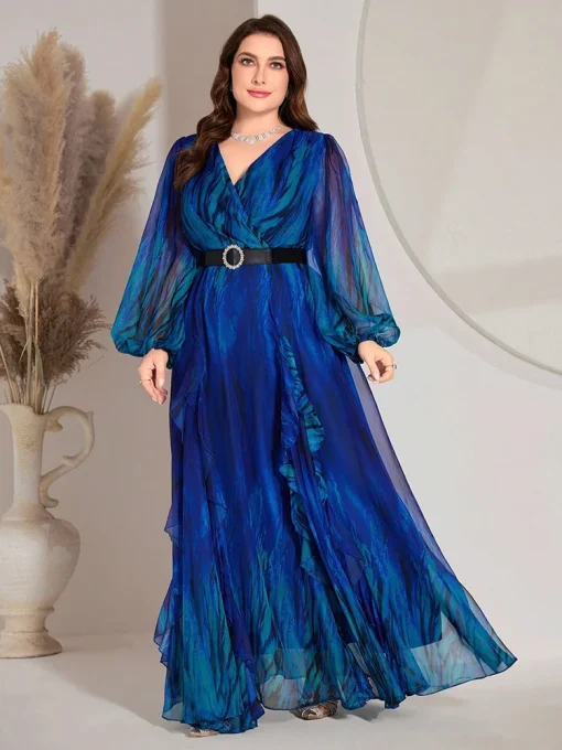 Luxury Elegant Plus Size V-Neck Ombre Lantern Sleeve Maxi Dress - Image 3