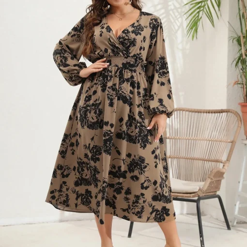 Elegant Plus Size V-Neck Printed Long Sleeve Linen Dress